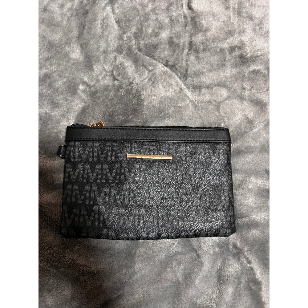 M Marco Women Black Grey Monogram Wristlet Pouch Gold Tone Logo Zip Clutch